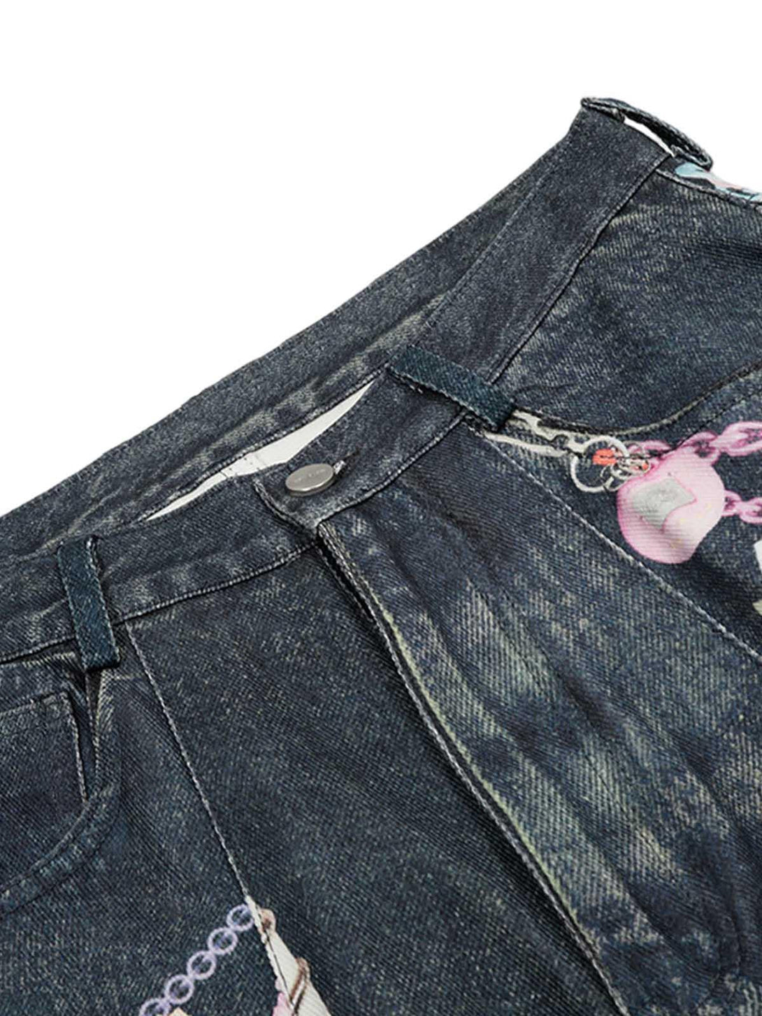 Detailed view of TALISHKO denim shorts with colorful chain embellishments and stitching.