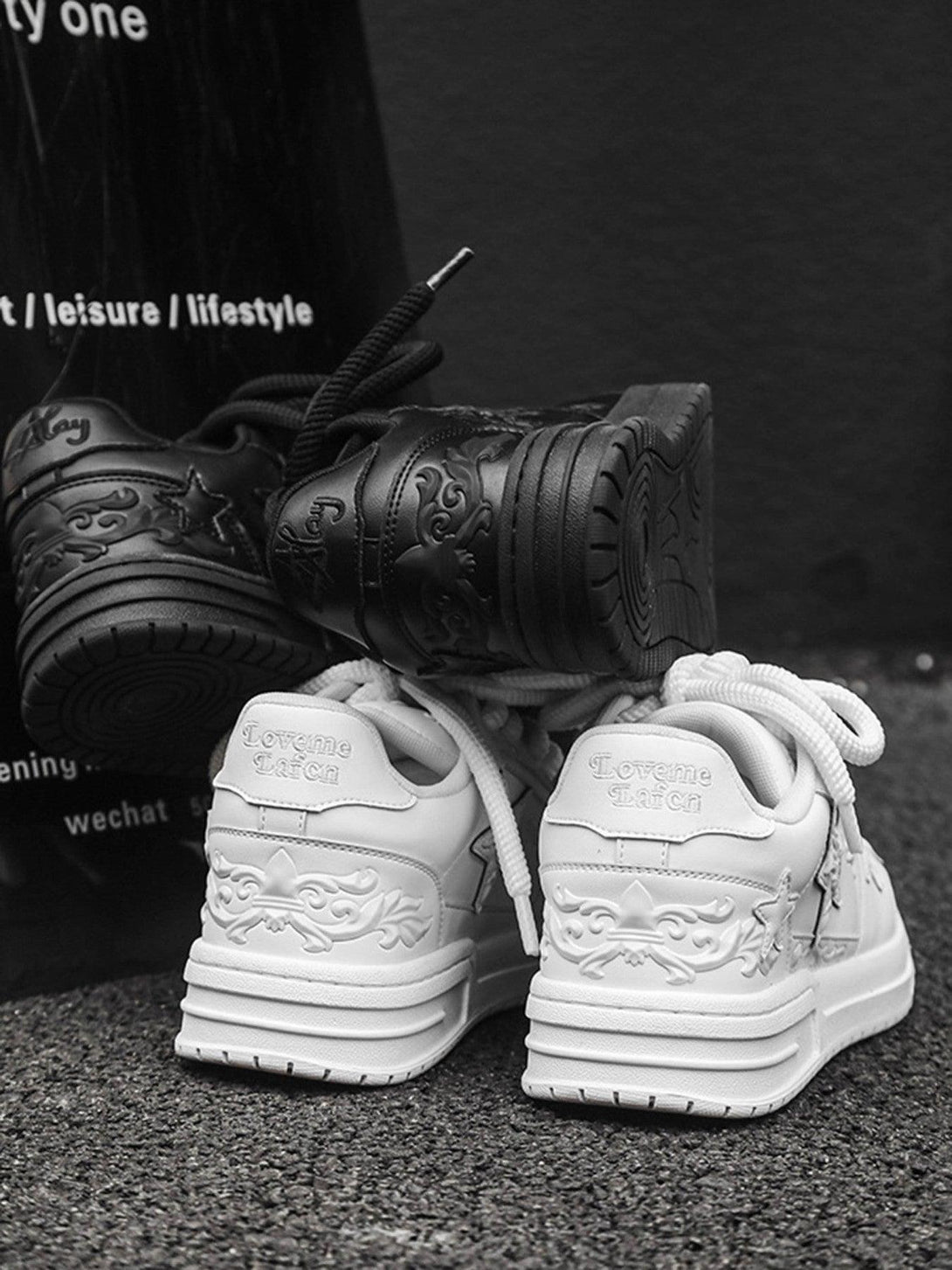 TALISHKO's embossed star board shoes, showcasing black and white contrasting styles.