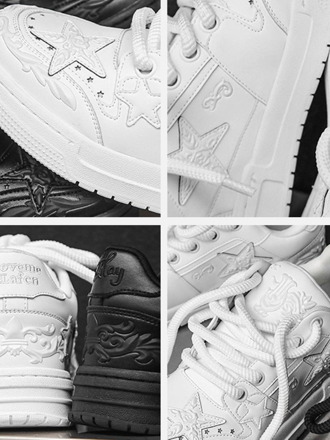 A detailed look at TALISHKO's embossed stars on white casual board shoes, showcasing unique design.