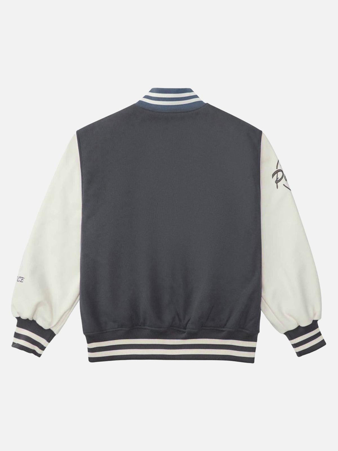 Back view of the TALISHKO embroidered baseball bomber jacket, showcasing contrasting sleeves.