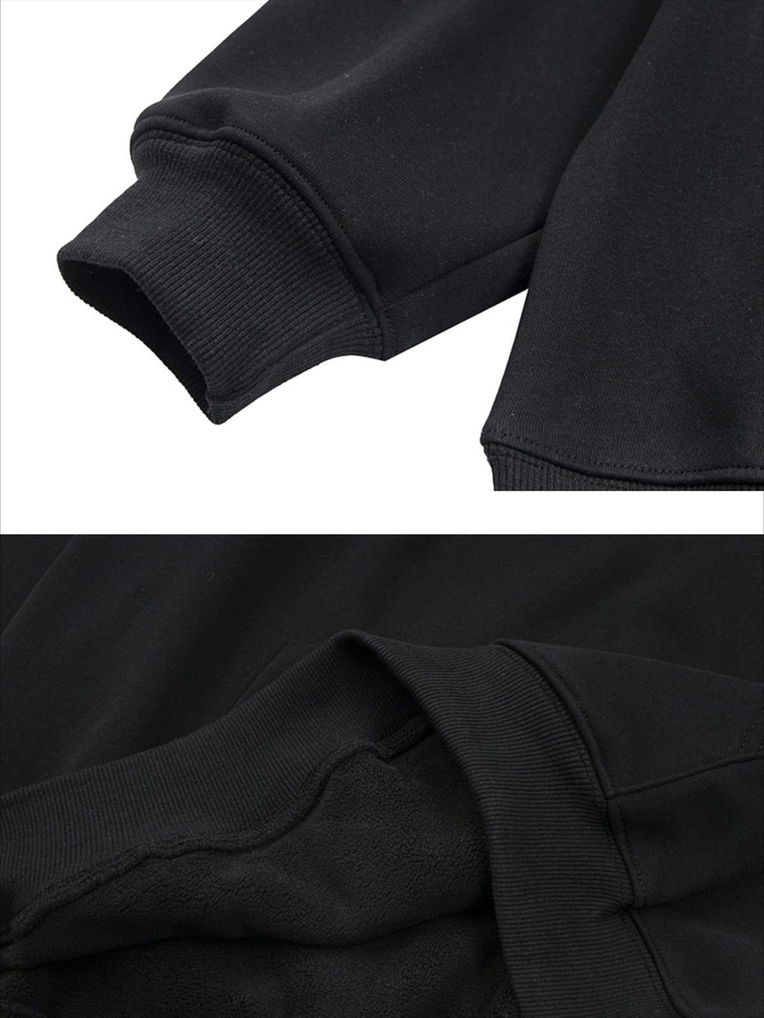 Detailed view of the black hoodie by TALISHKO, highlighting fabric and stitching quality.