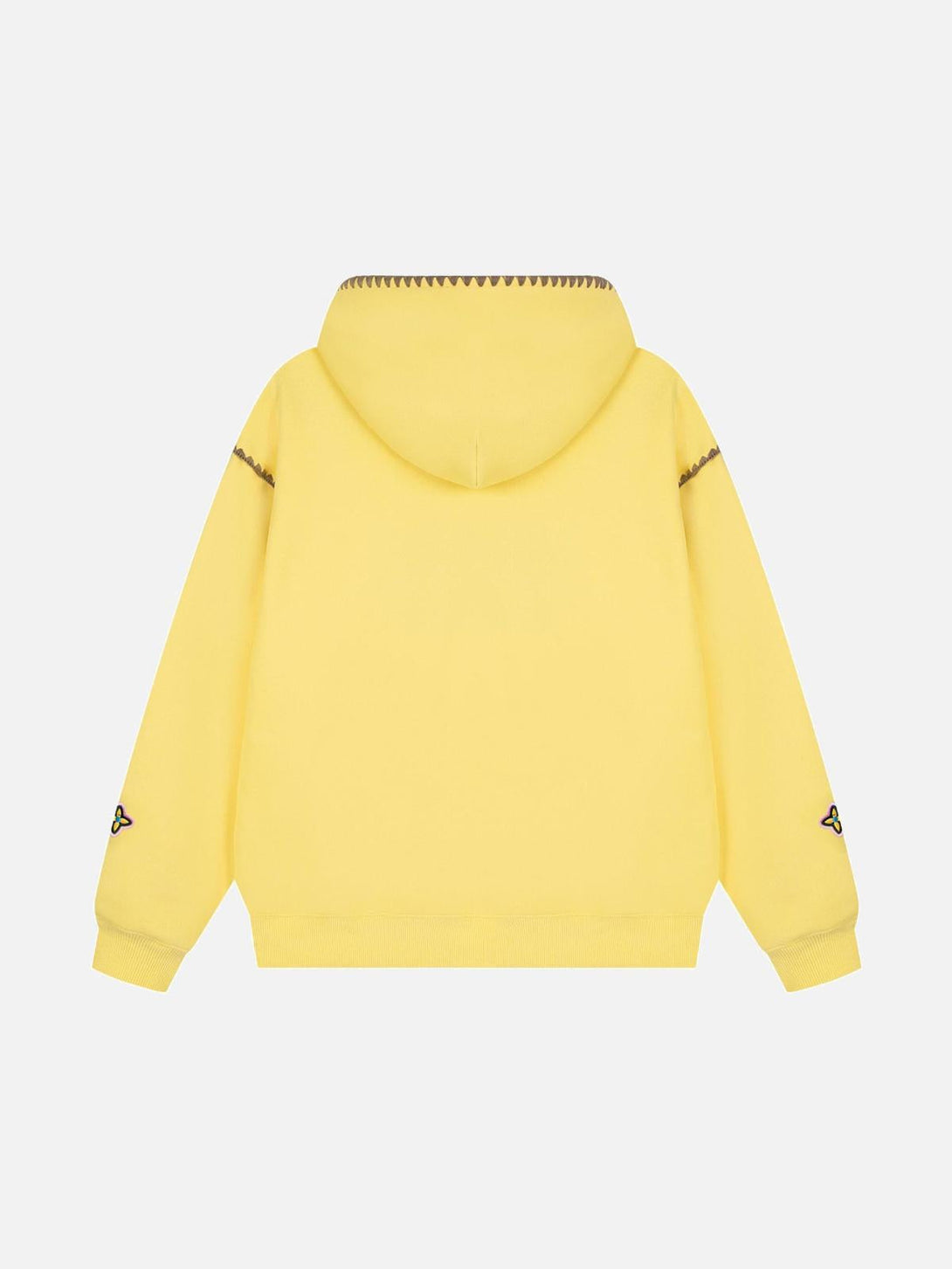 Back view of a yellow embroidered hoodie by TALISHKO, showcasing unique contrast stitching.