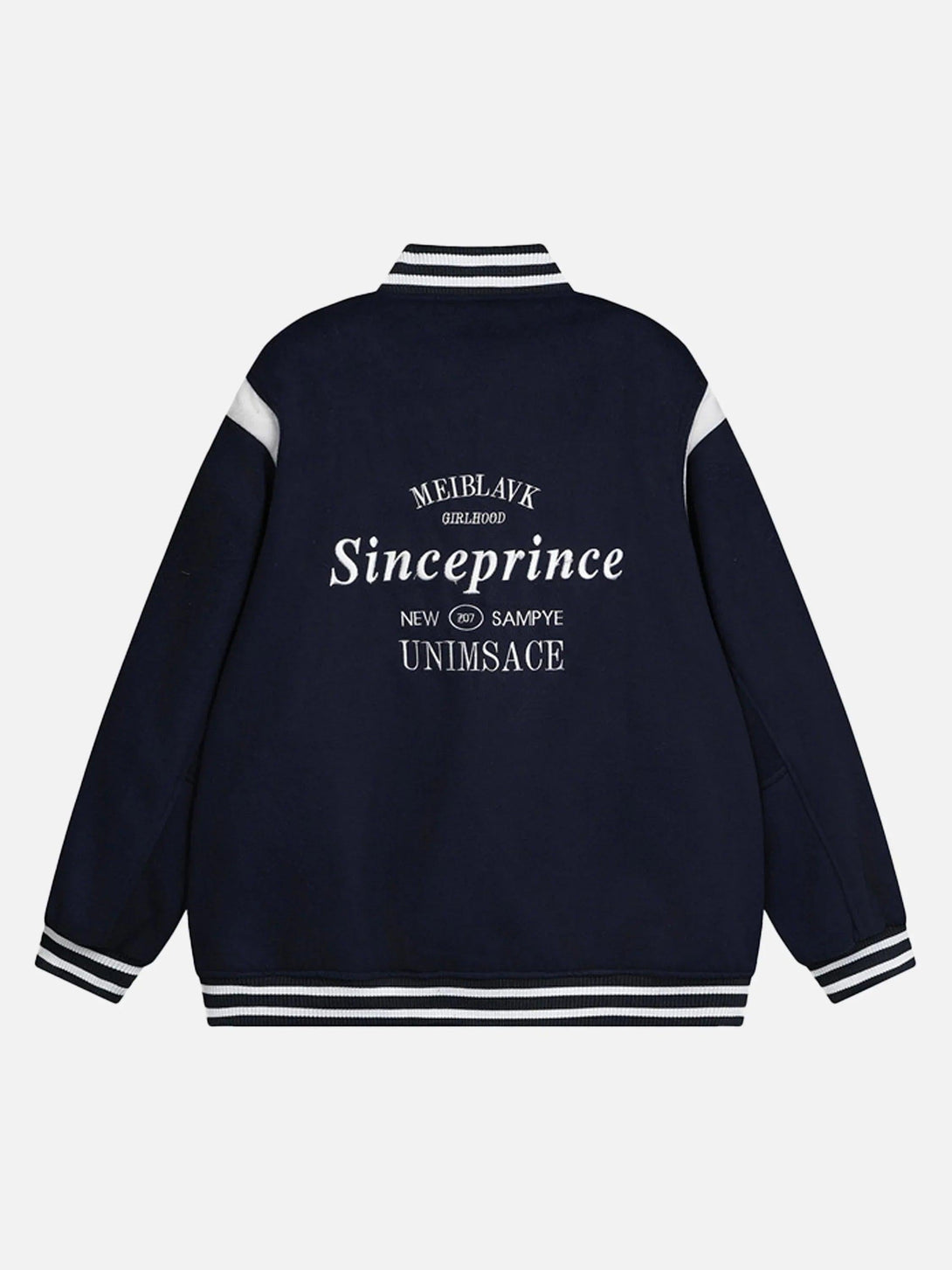 Back view of navy varsity jacket by TALISHKO, featuring embroidered text and contrast trim.