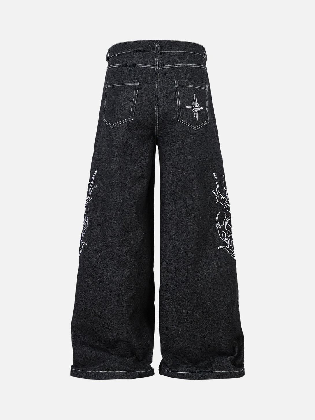 Back view of TALISHKO's embroidered flame baggy jeans, highlighting unique pocket design.