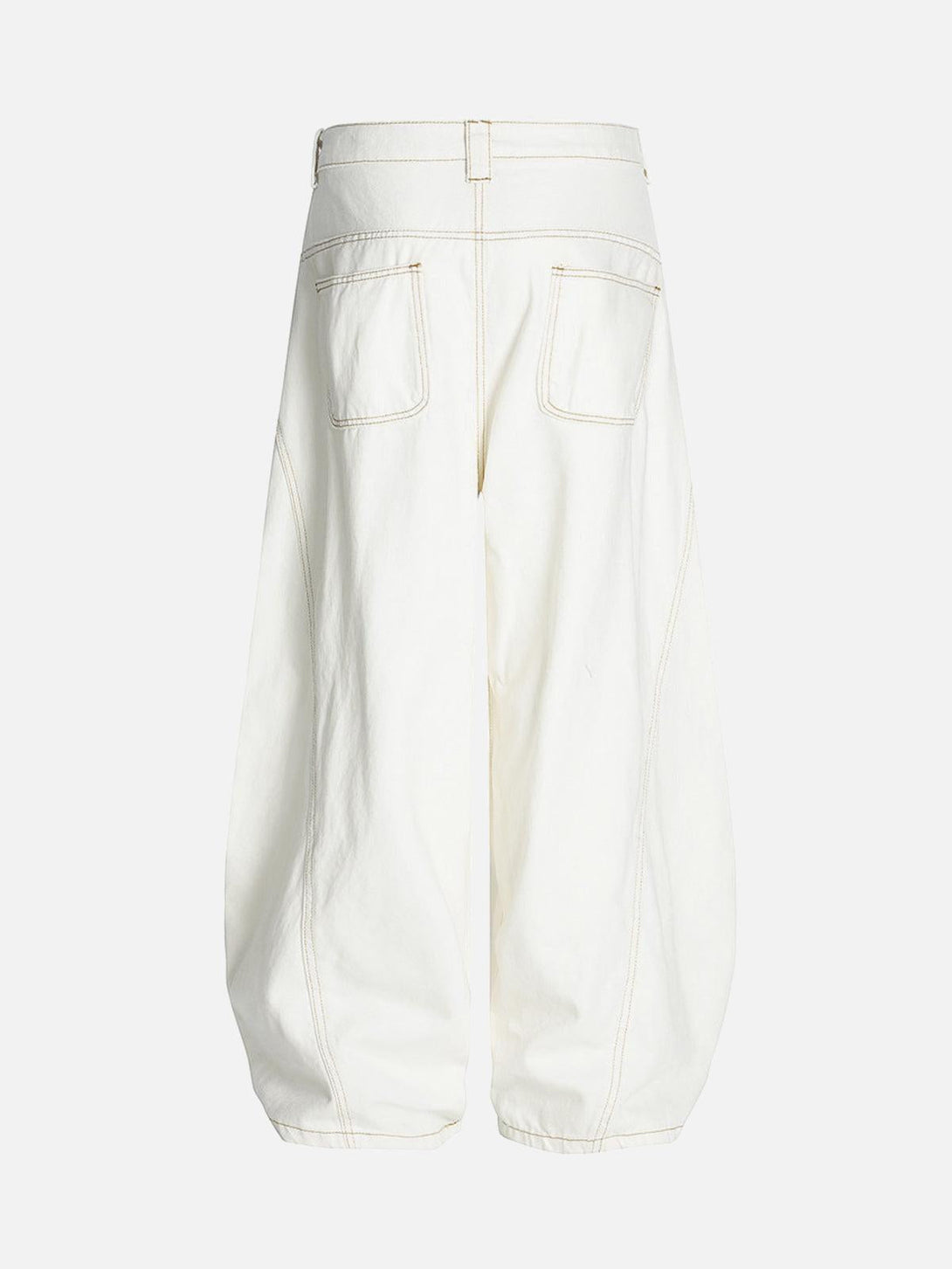 Back view of TALISHKO white barrel jeans featuring embroidered floral patches and wide silhouette.