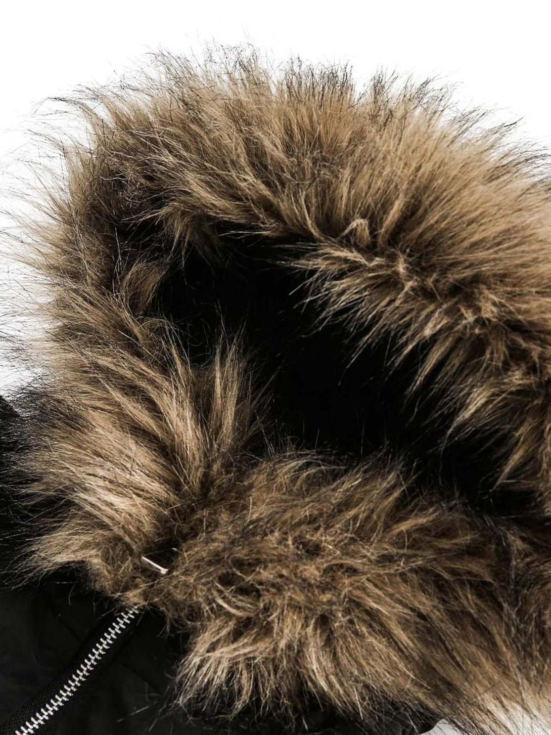 Focusing on the fur-trimmed hood detail of TALISHKO's quilted jacket, showcasing luxurious texture.