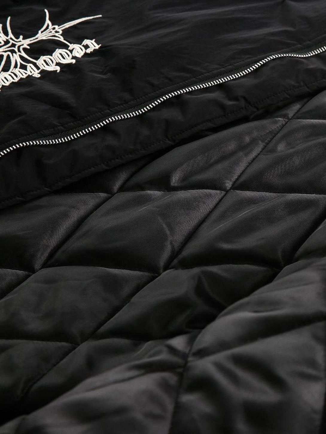 Detailed fabric and stitching on TALISHKO's quilted jacket, highlighting luxurious texture.