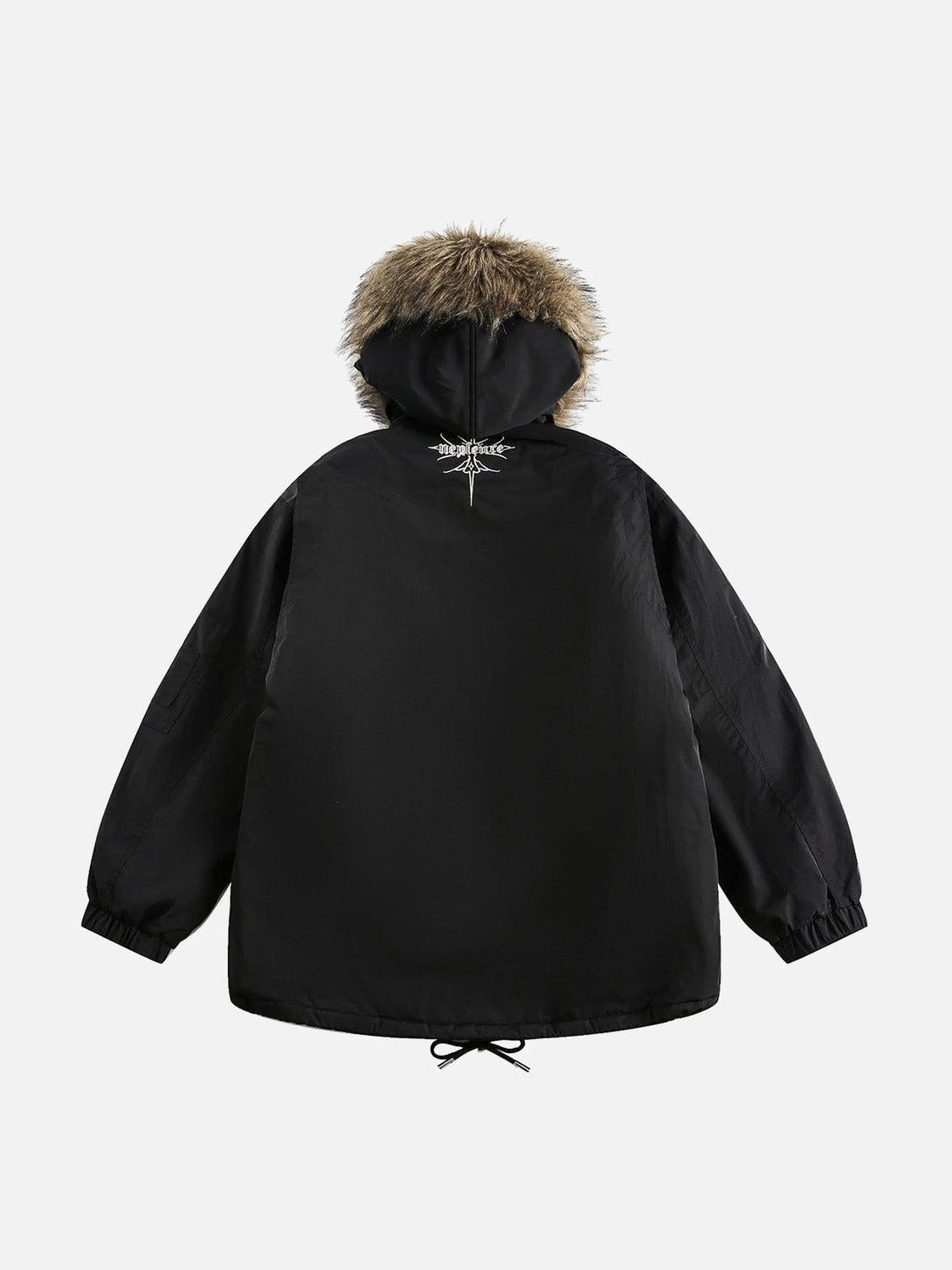 Back view of a black quilted jacket featuring a fur hood and embroidery, crafted by TALISHKO.