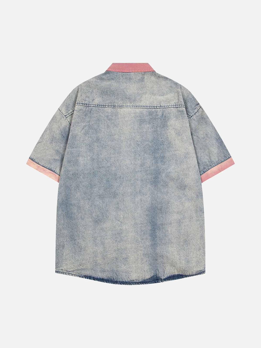 Back view of a TALISHKO denim shirt featuring pink collar and cuffs, offering a casual vibe.