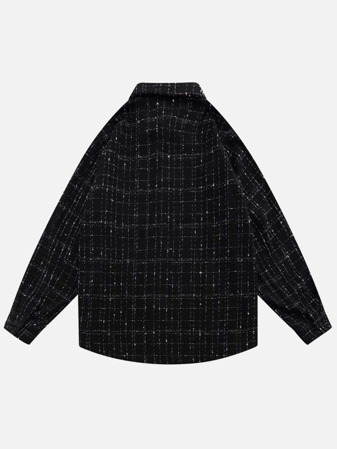 Back view of a black embroidered plaid shirt by TALISHKO, showcasing intricate detailing.