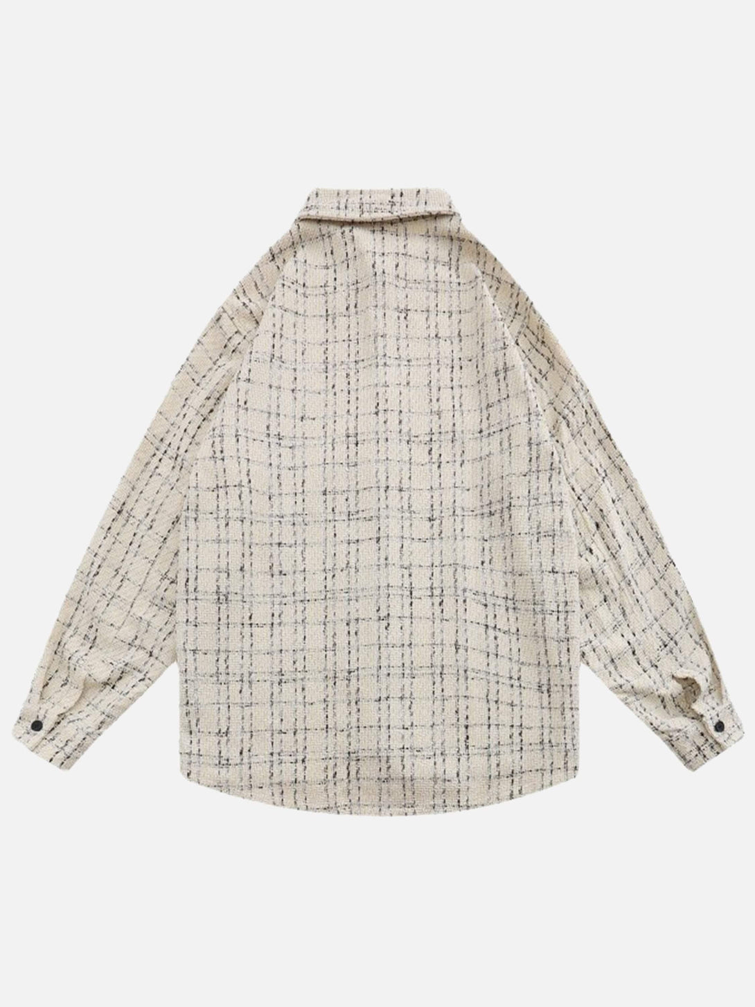 Back view of a beige embroidered plaid shirt by TALISHKO, highlighting its textured pattern.