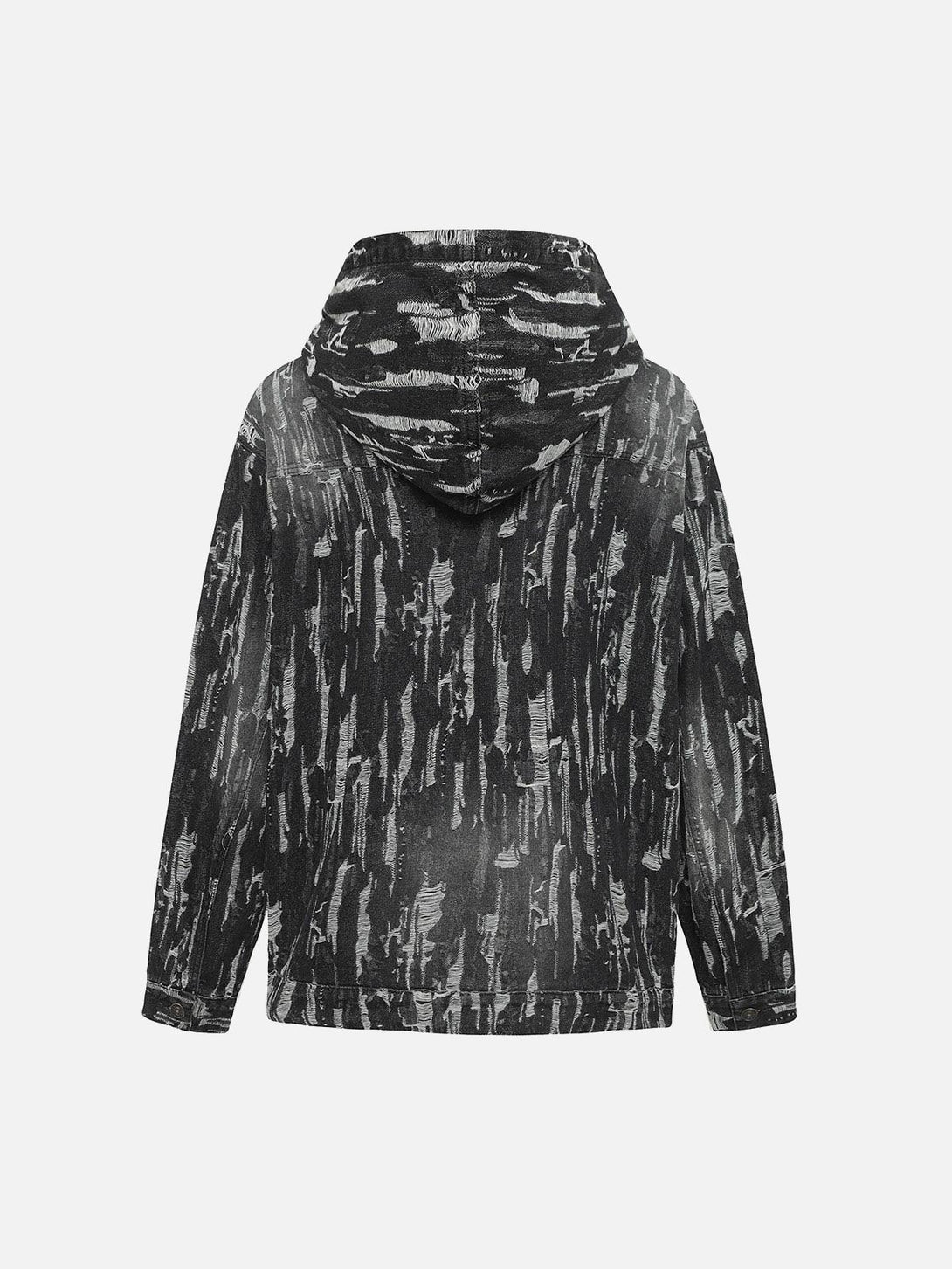 Back view of TALISHKO's embroidered washed denim hoodie, highlighting its unique pattern.