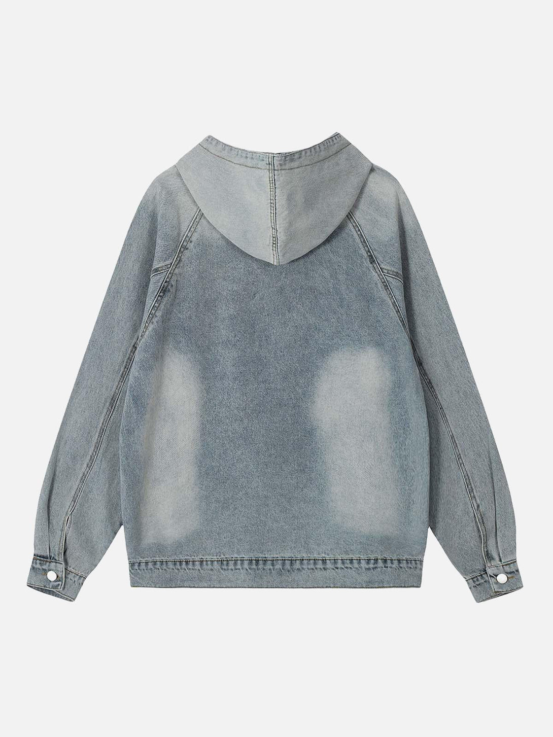 Back view of a washed, distressed denim hoodie by TALISHKO, featuring a casual fit.