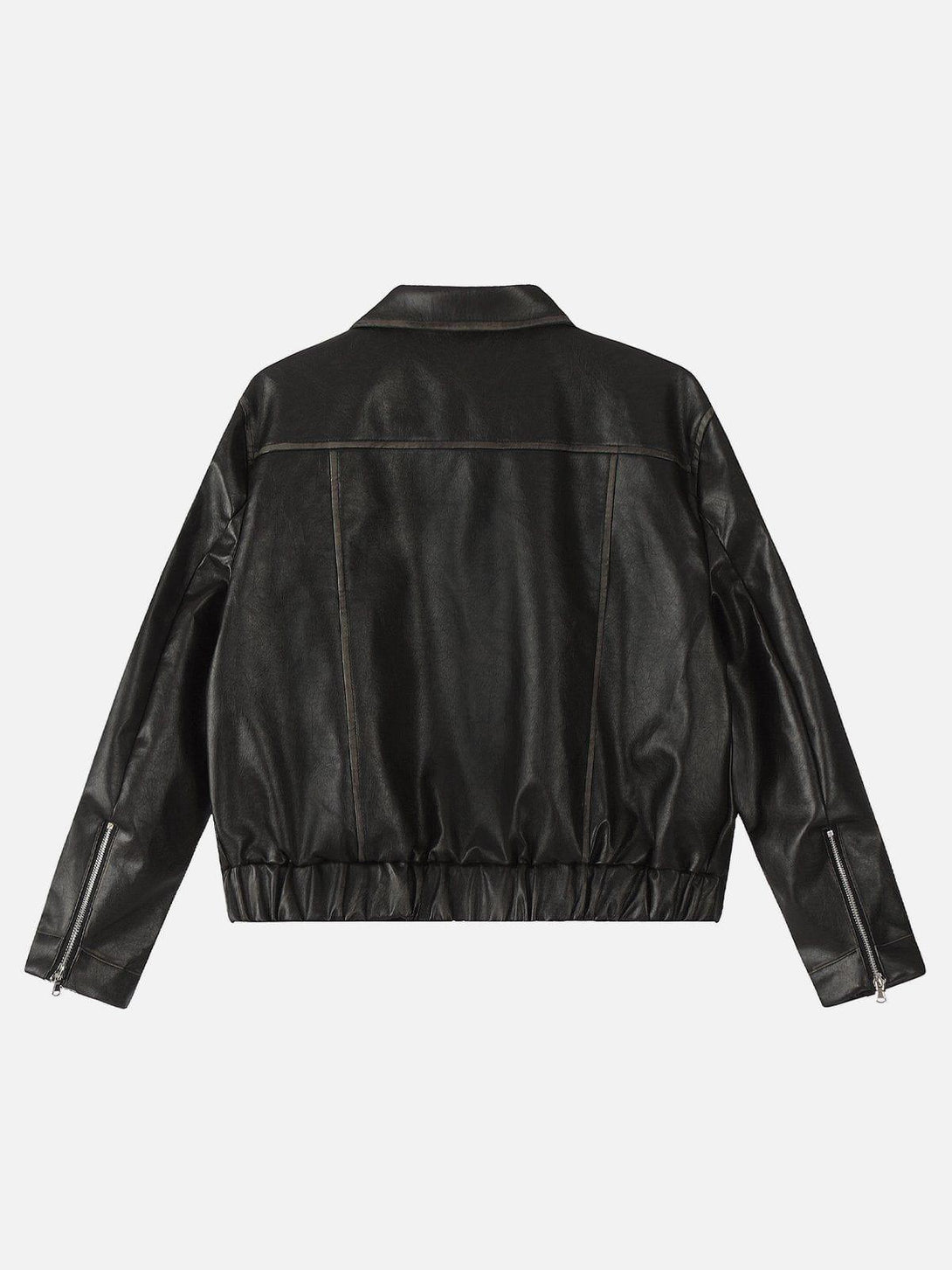 Back view of the TALISHKO faux leather jacket showcasing sleek black design and zippered sleeves.