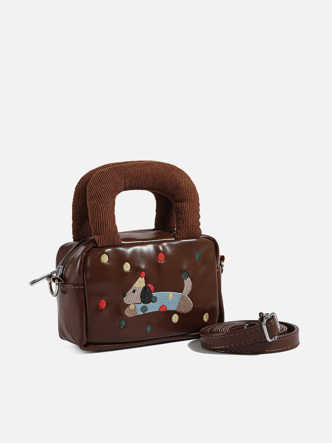 Brown TALISHKO bag with embroidered dog design, textured handle, and detachable strap.