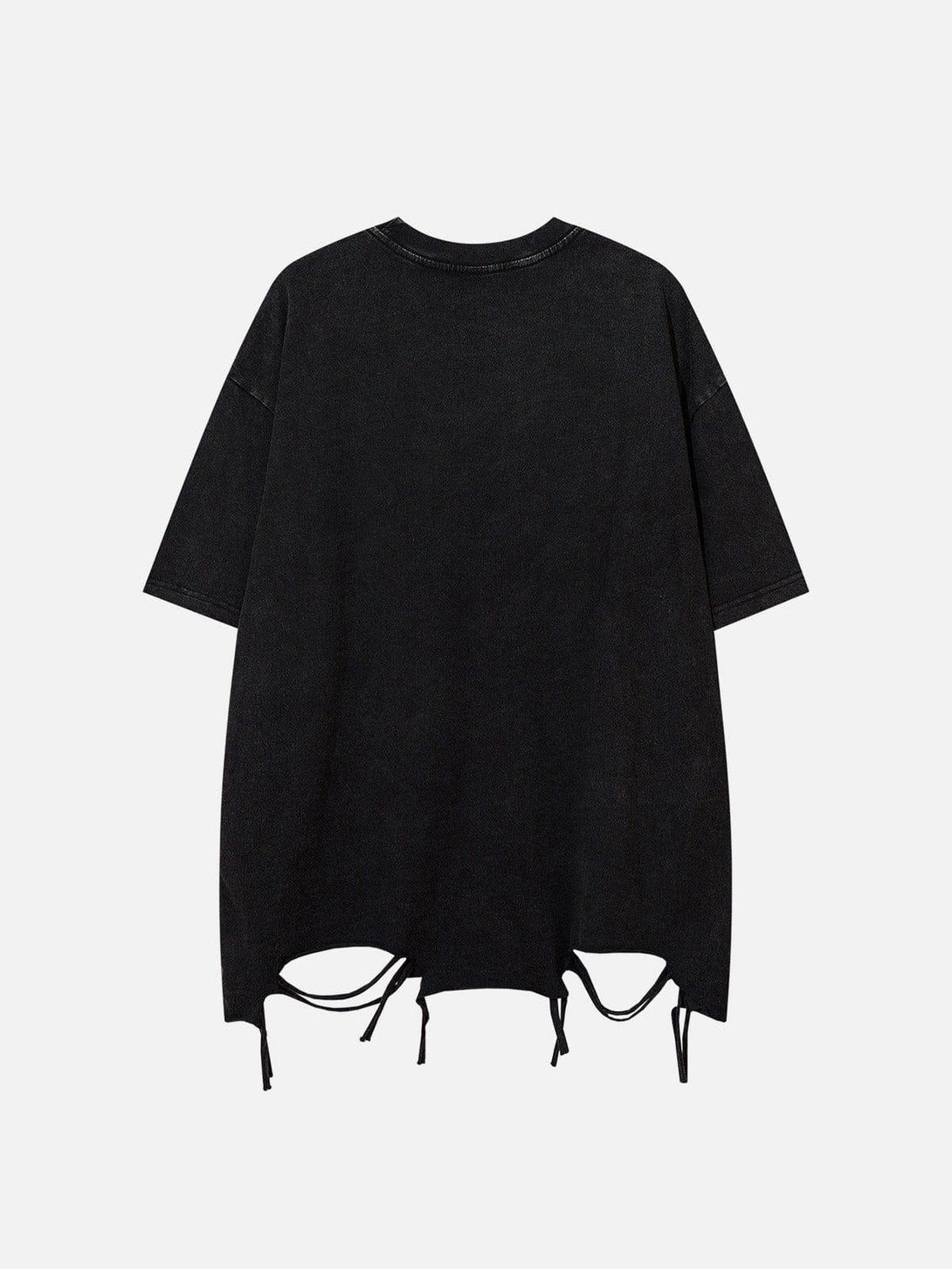 Back view of a black distressed tee by TALISHKO, featuring stylish cutout details.