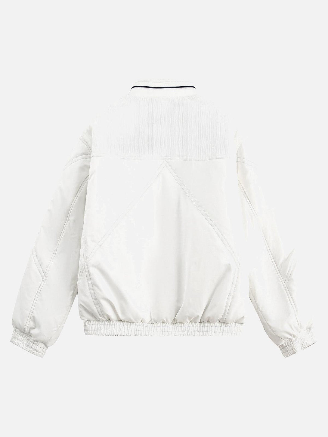 Back view of white bomber jacket by TALISHKO, highlighting textured design and elastic cuffs.