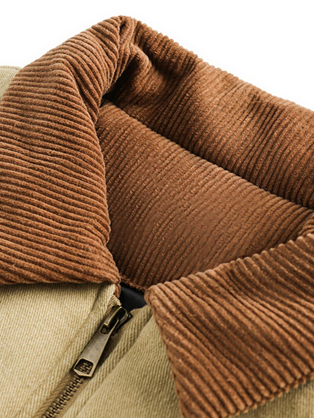 A detailed view of the corduroy collar on a TALISHKO quilted barn jacket, highlighting texture.