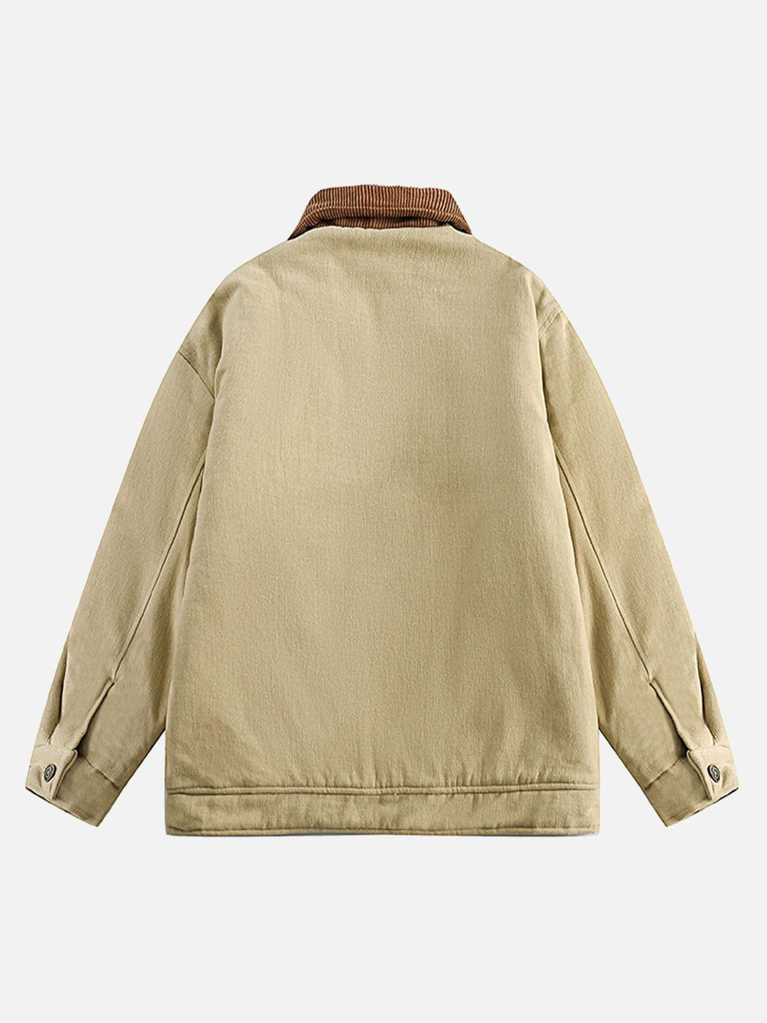 Back view of a khaki quilted barn jacket by TALISHKO, featuring a corduroy stand collar.