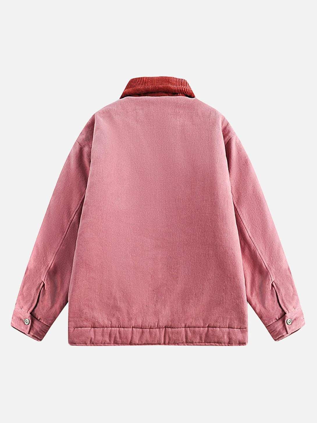 Back view of a pink quilted barn jacket by TALISHKO, featuring a stylish corduroy collar.