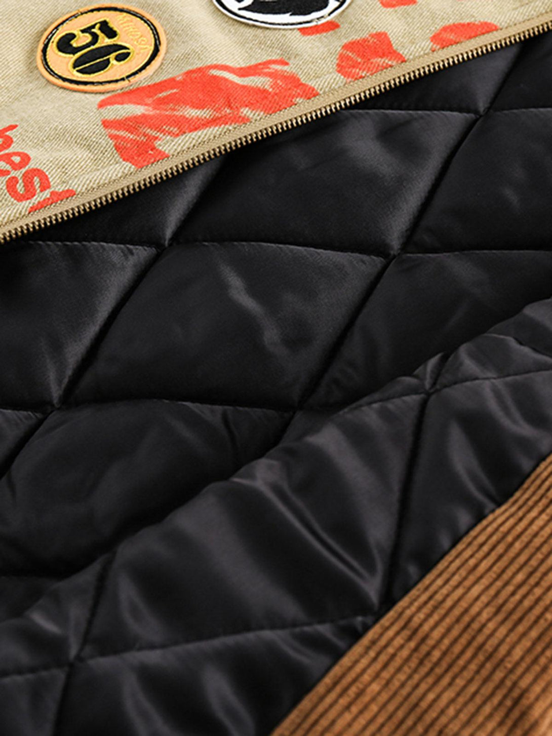 Intricate look at TALISHKO's quilted barn jacket, highlighting patchwork and texture details.