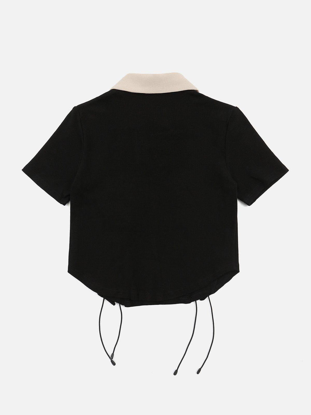 Back view of a black fold-over collar tee with side drawstrings by TALISHKO.