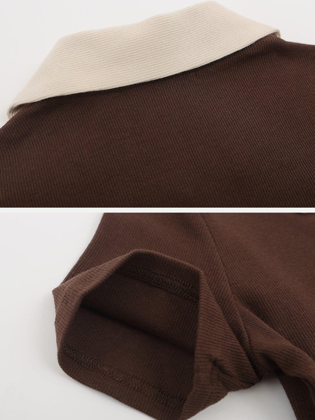 Detailed fabric and stitching on TALISHKO's brown tee with a contrasting fold-over collar.