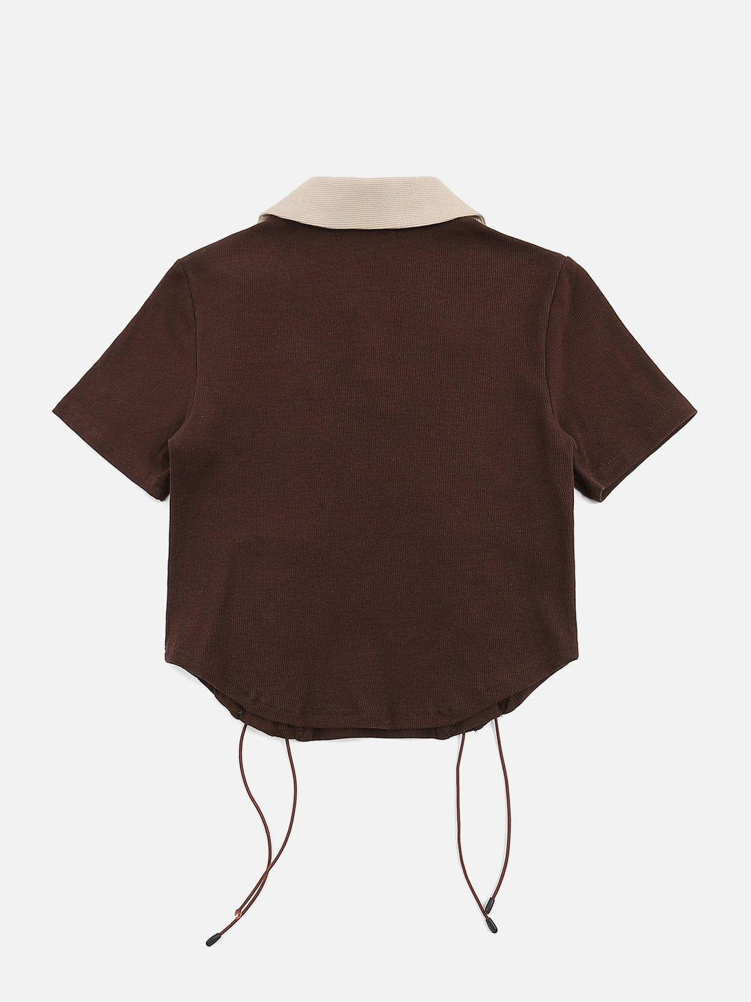 Back view of TALISHKO's coffee-colored tee featuring a fold-over collar and side drawstrings.