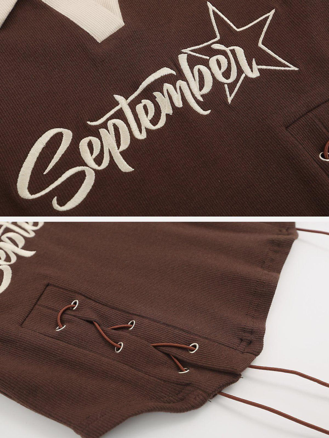 TALISHKO's detailed view of a brown tee with star embroidery and side drawstring accents.