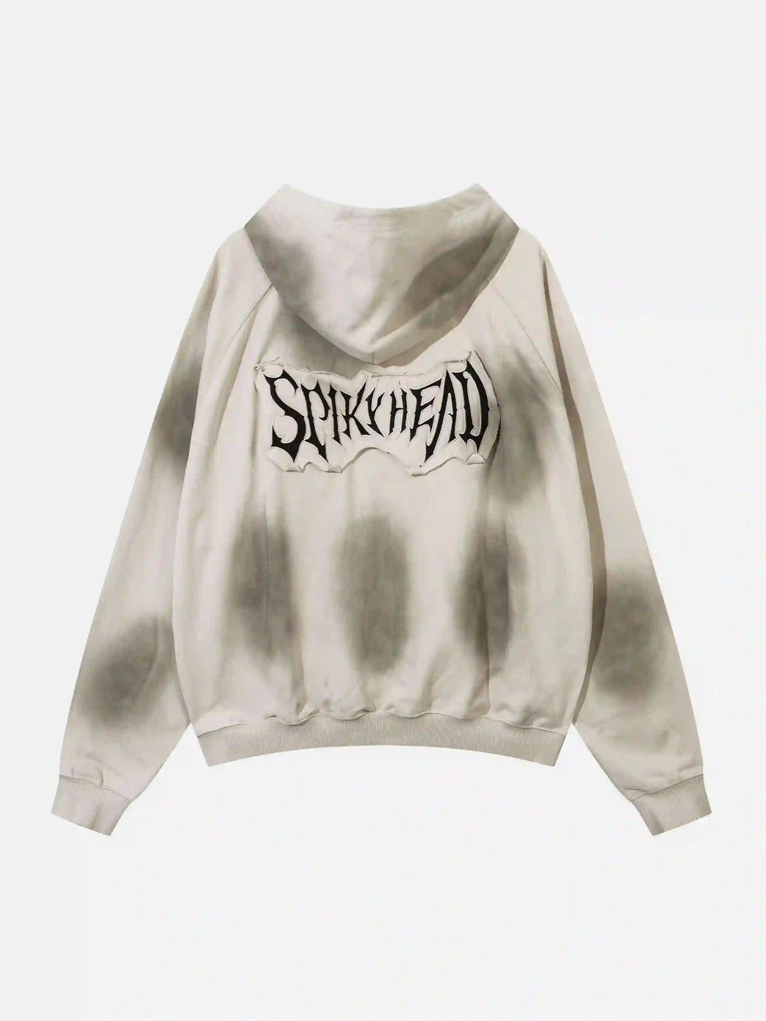 Back view of a TALISHKO zip-up hoodie with bold embroidered text and smoky design accents.