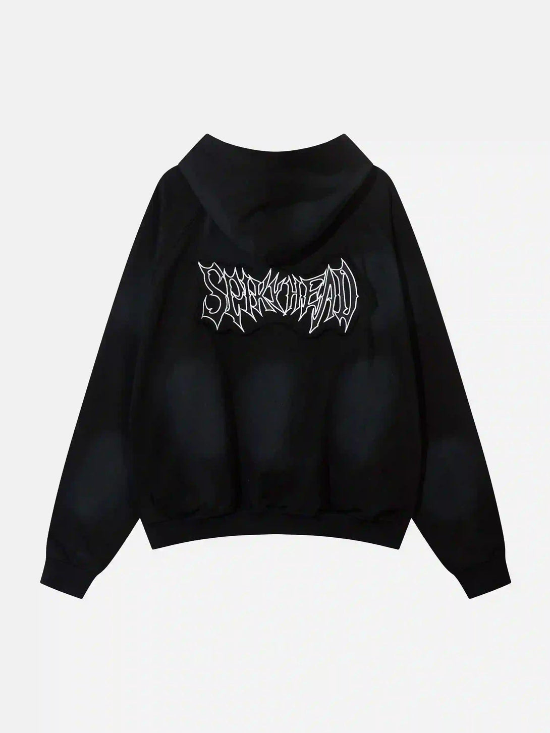 Back view of black hoodie by TALISHKO, featuring edgy embroidered text design.