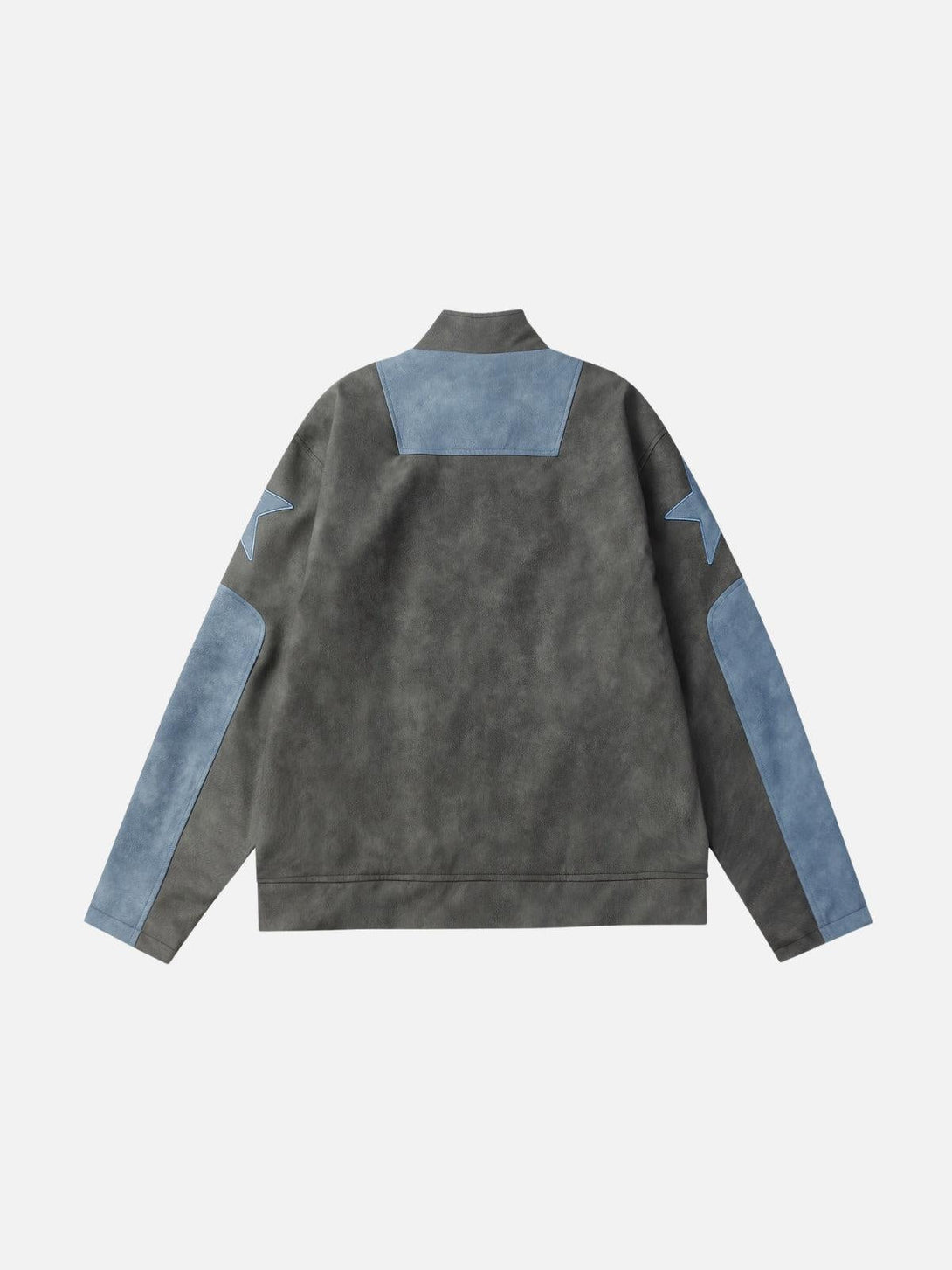Back view of TALISHKO's cropped racing jacket, showcasing blue star details and panels.