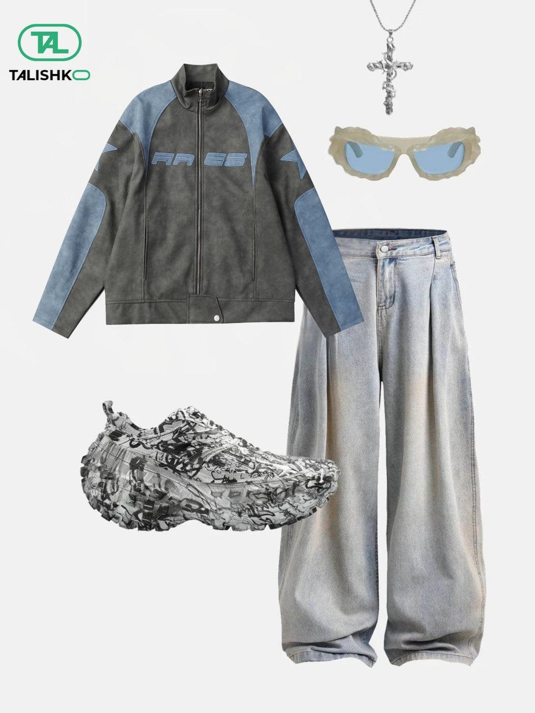 TALISHKO's stylish ensemble featuring a gray racing jacket, baggy jeans, and textured sneakers.