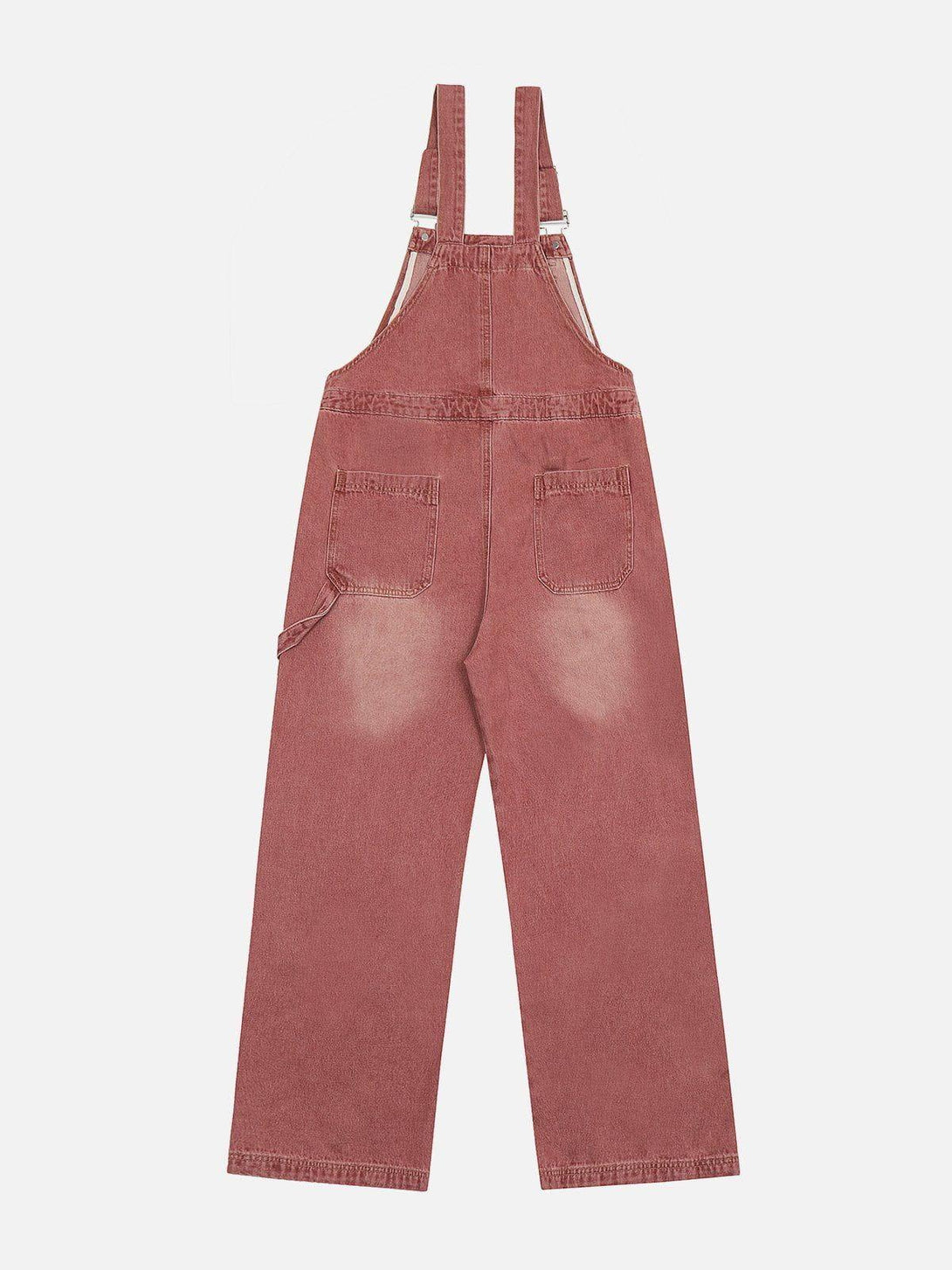 Back view of washed pink overalls by TALISHKO, featuring a relaxed fit and utility pockets.
