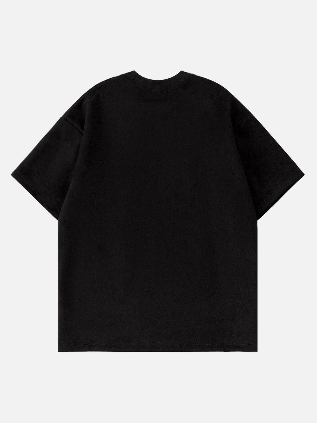 Back view of a black suede tee by TALISHKO, offering a sleek and minimalist design.