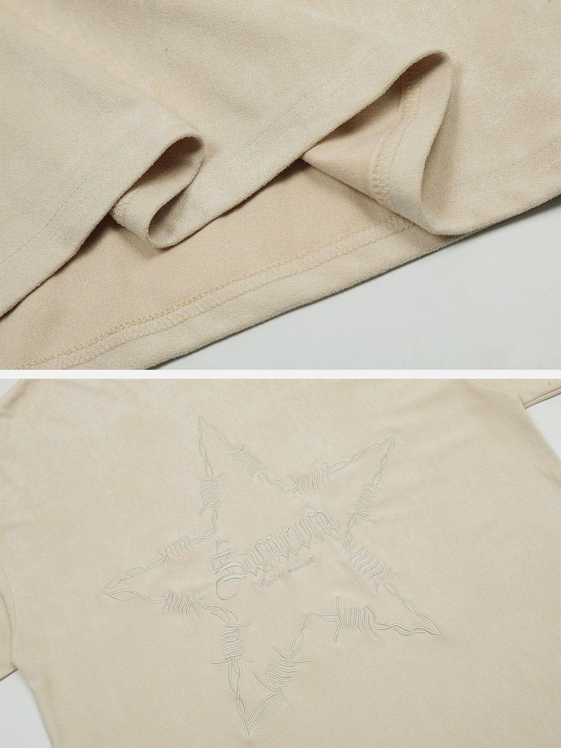 A detailed look at apricot tee's embroidery, highlighting thorn star design by TALISHKO.