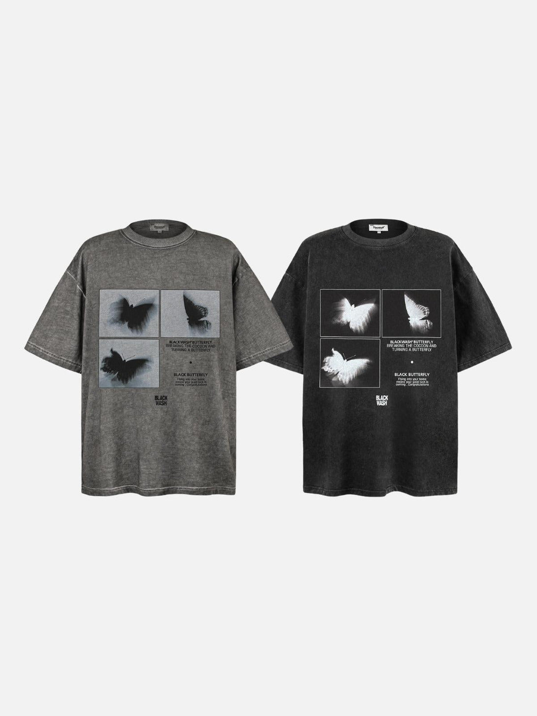 Two TALISHKO tees featuring cinematic butterfly graphics, showcasing a relaxed, artistic style.