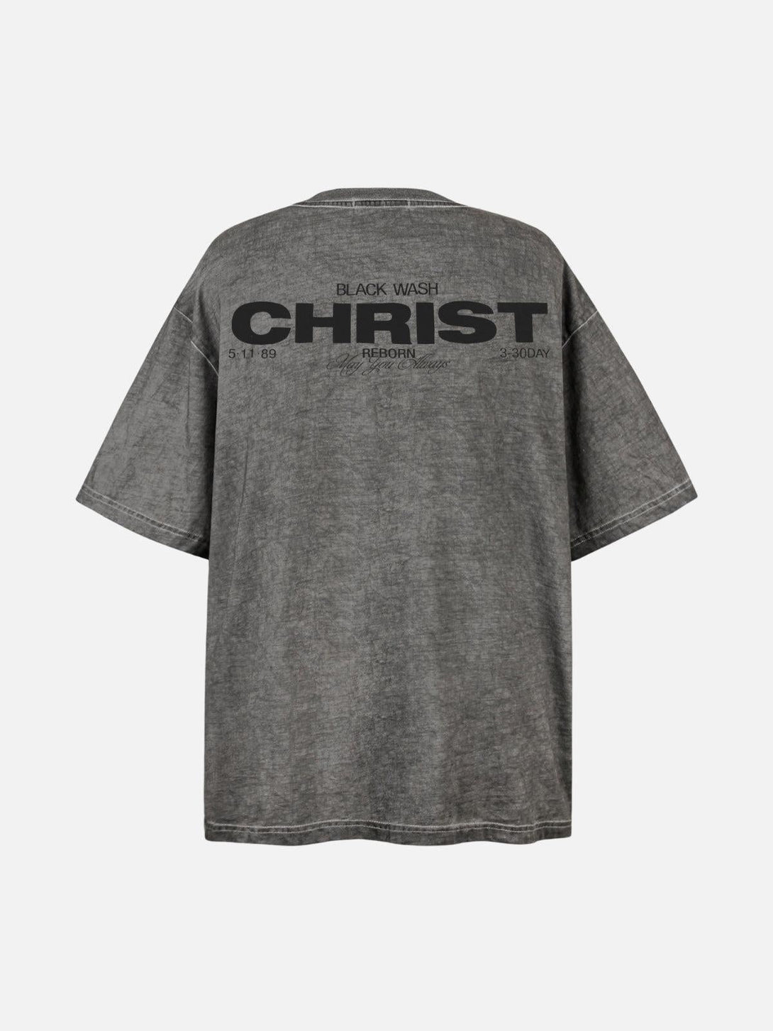 Back view of a gray TALISHKO tee with bold text design and a relaxed, casual fit.