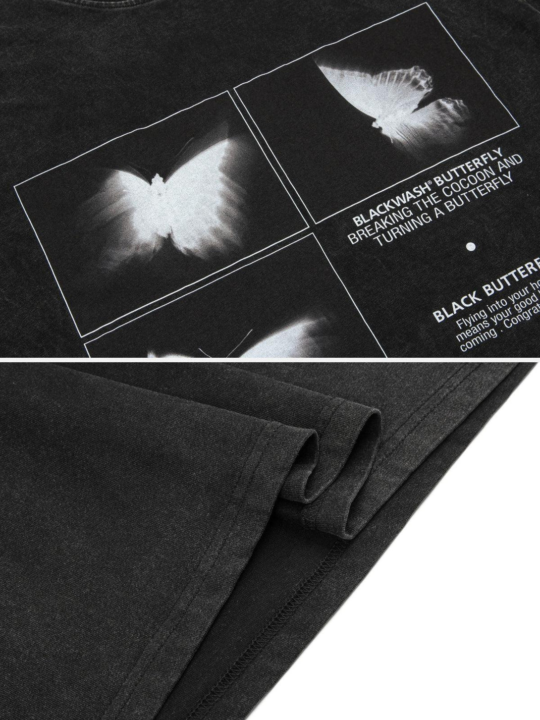 Zoomed-in view of TALISHKO butterfly tee, highlighting ethereal graphics and soft fabric texture.