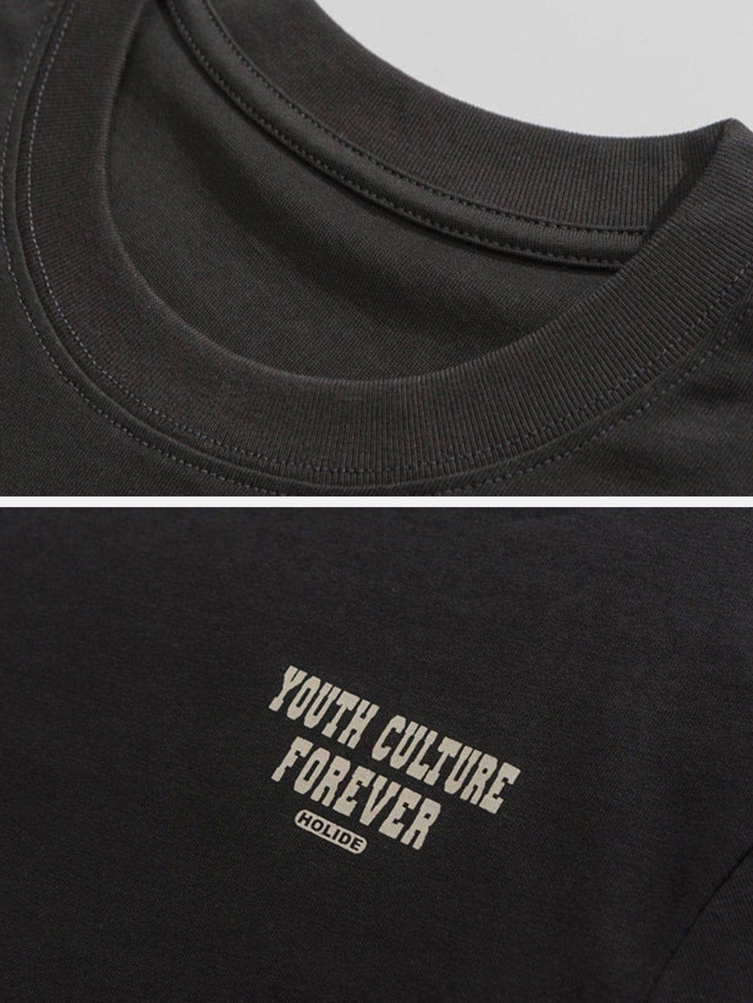Black tee featuring "Youth Culture Forever" text, detailed stitching by TALISHKO.
