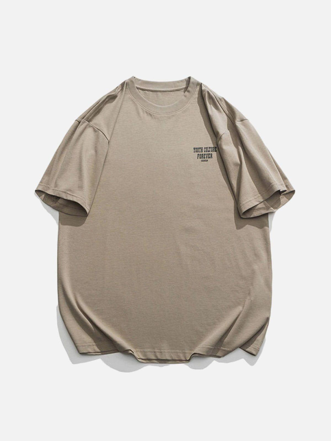 Casual coffee-colored tee with "Youth Culture Forever" text on front, crafted by TALISHKO.