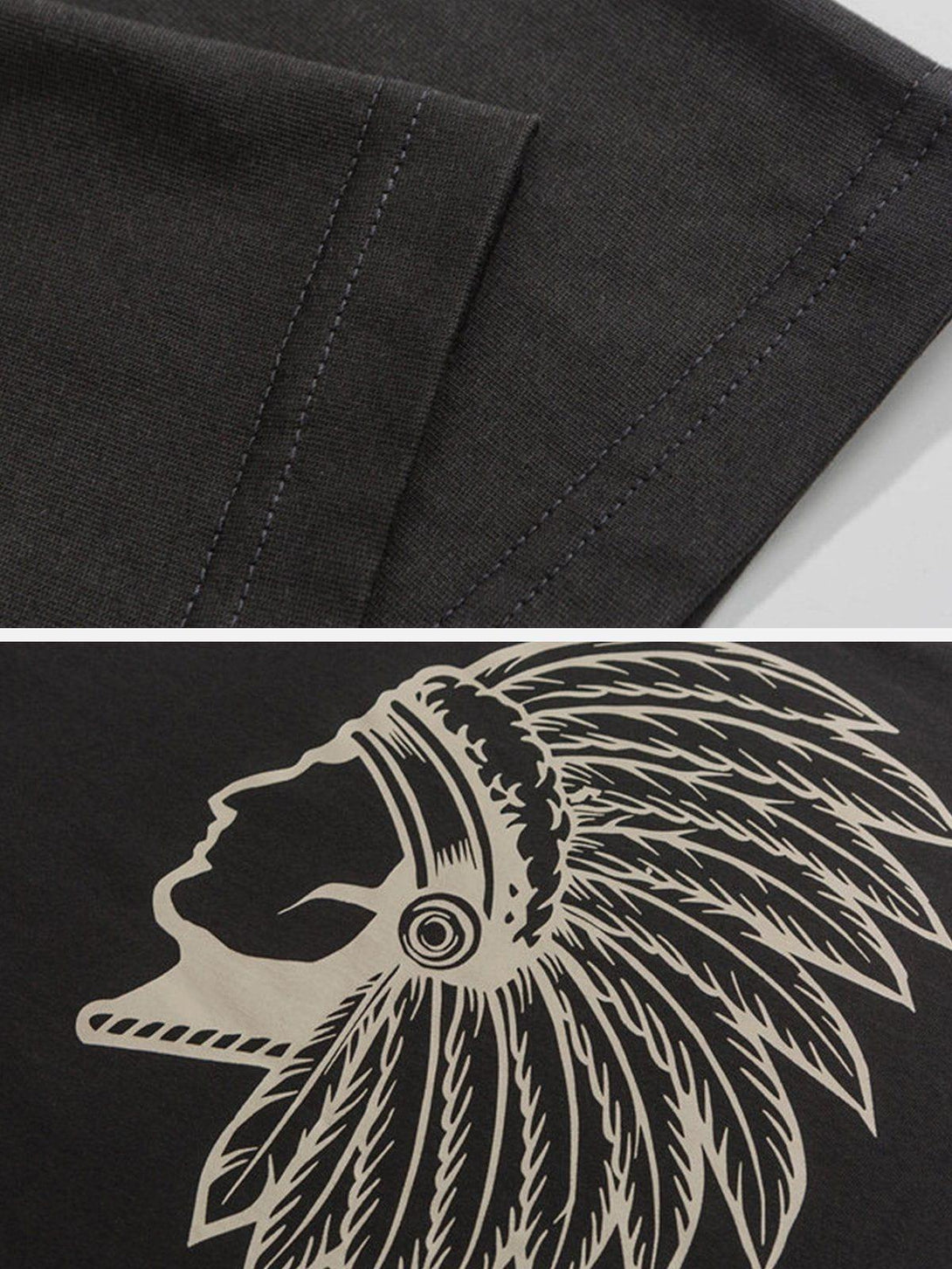 Detailed fabric and stitching of ethnic portrait print tee by TALISHKO in black.