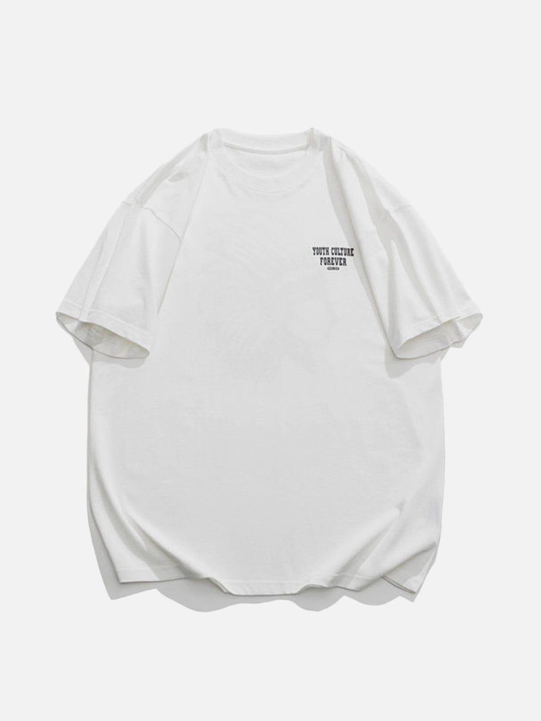 White tee with "Youth Culture Forever" text on front, designed by TALISHKO for a casual look.