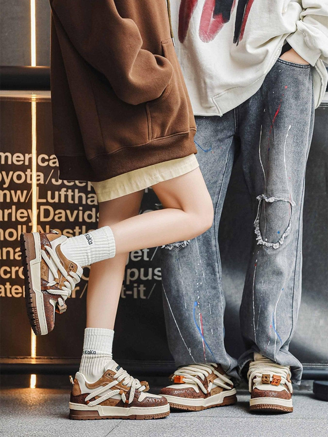 TALISHKO sneakers paired with casual outfits, featuring unique lace details and earthy tones.