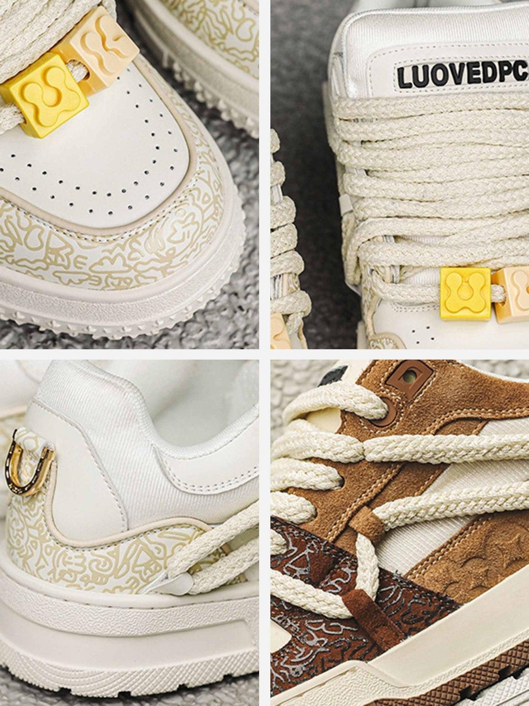 TALISHKO sneakers in cream and brown, highlighting textured patterns and unique lace details.