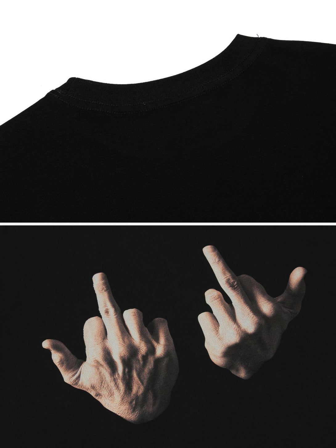 Detailed view of the bold hand gesture graphic on a black tee by TALISHKO.