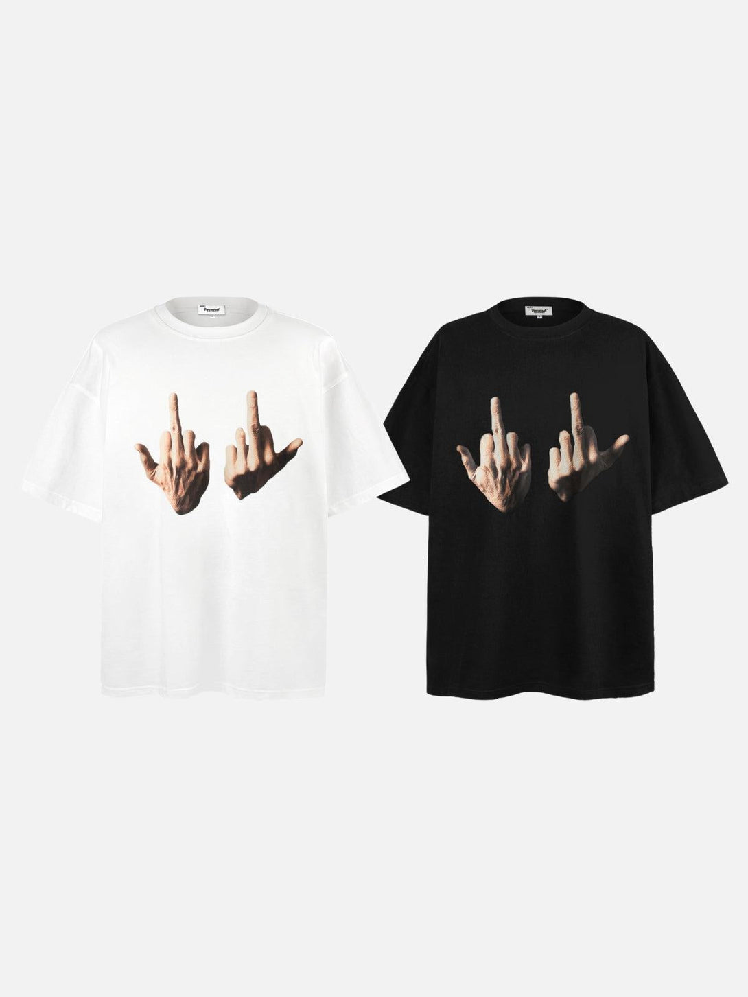 Front view of expressive hand gesture tees by TALISHKO in black and white, perfect for bold summer looks.