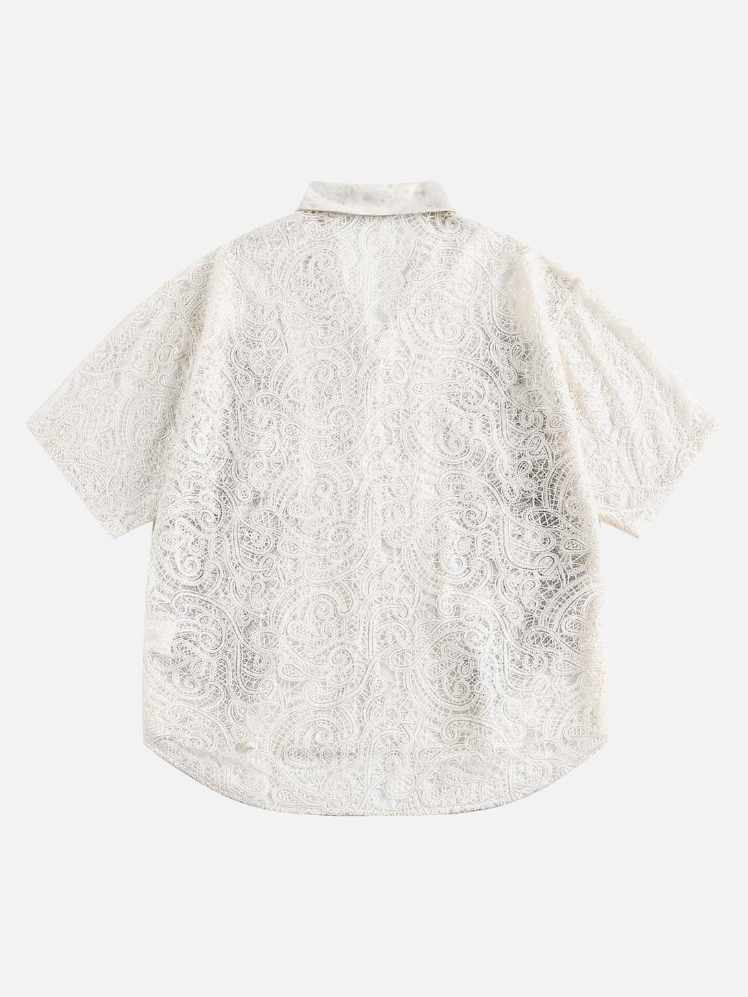 Back view of TALISHKO's floral embroidered short-sleeve shirt, highlighting intricate lace texture.