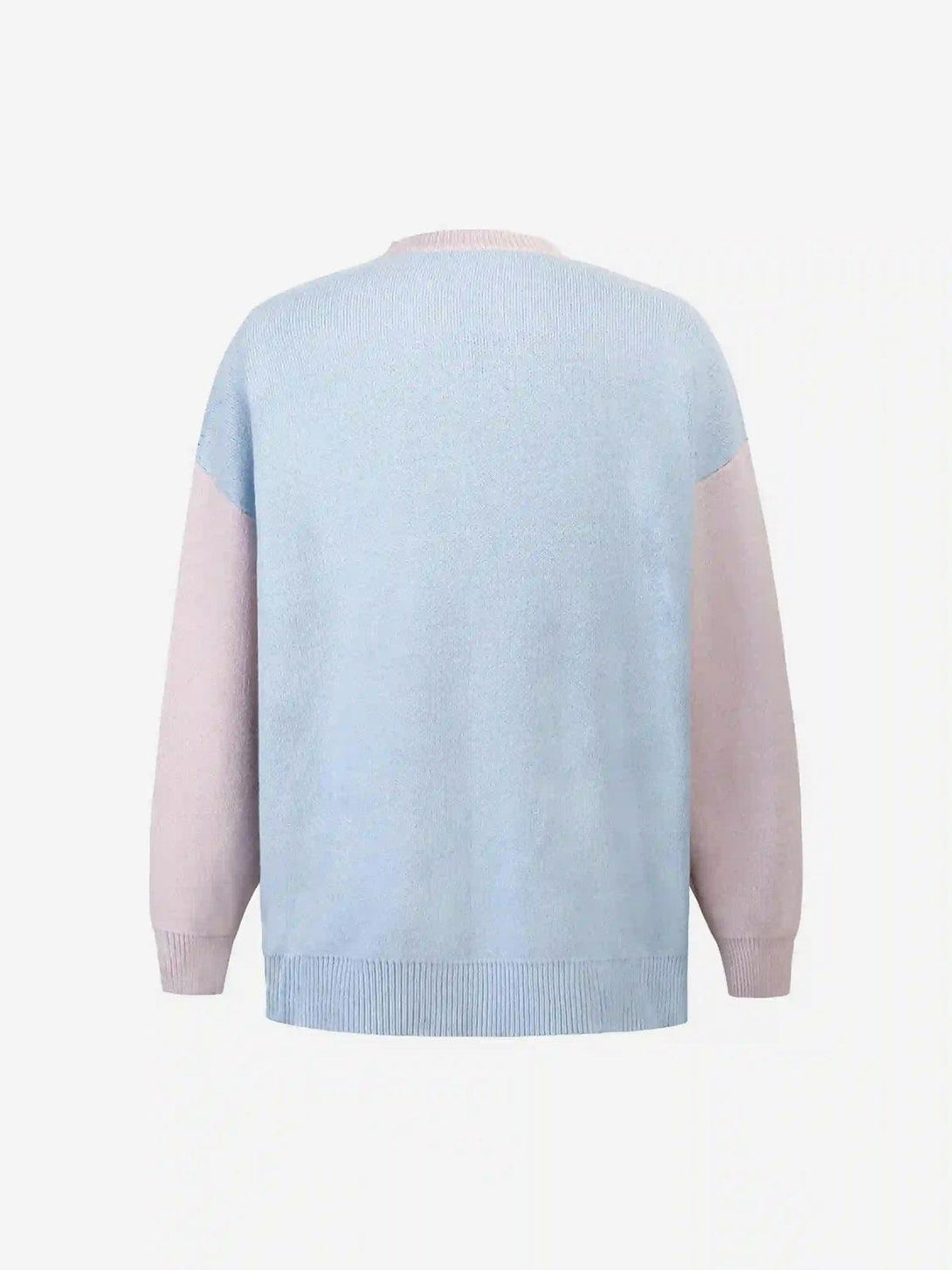 Back view of the Eye Contact Sweater by TALISHKO, highlighting its soft pastel color blocking.
