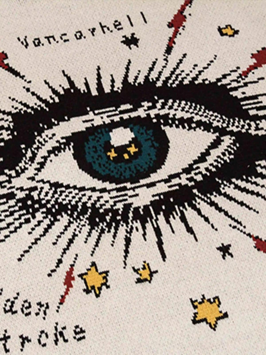 Intricate look at the graphic eye design on the Eye Contact Sweater by TALISHKO.